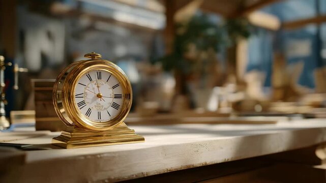 Vintage mechanical clock resting on a workbench, visible internal mechanism emphasizing craftsmanship, mechanical motion, and the heritage of timekeeping technology. cinematic color correction,
