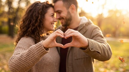 Naklejka premium Couple making heart shape with hands in autumn park with beautiful fall foliage and sunny background