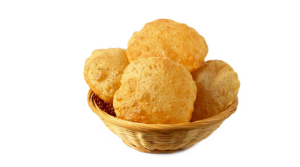 A basket of fried doughnuts sits on a white background