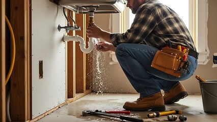 A focused plumber fixes a visibly leaky pipe with water splashing onto the unfinished floor.