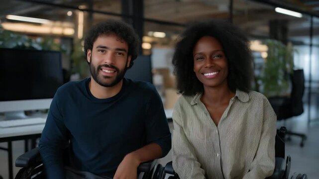 Wheelchair users at workplace environment, accessibility at work, inclusive employment, professional independence, disability inclusion, modern office culture and equal opportunity concept