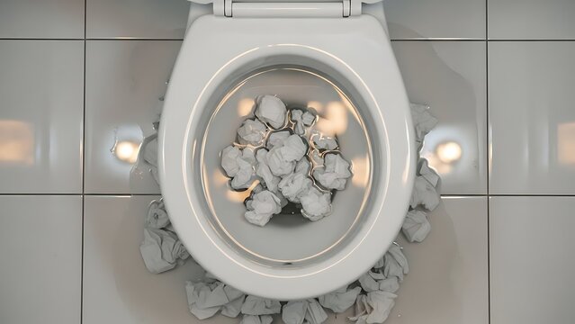A white ceramic toilet bowl is completely clogged with a mass of crumpled wet paper.