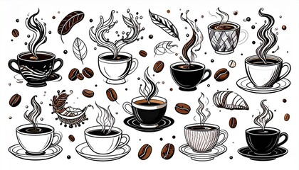 Set of steaming coffee cups with beans and leaves on white background