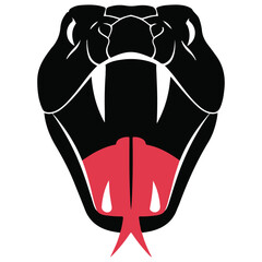 Powerful Black Snake Head with Open Mouth, Fangs, and Red Forked Tongue
