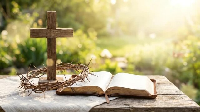Wooden cross with crown of thorns and open Bible on table in sunny garden for Easter and Good Friday religious concept