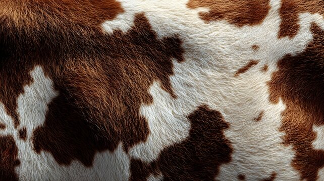 Close-up view of a cow's fur texture, animal hide pattern, brown and white fur, texture detail, natural animal coat