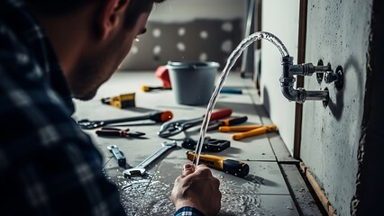 A plumber carefully examines a leaking water pipe, attempting to fix the burst and prevent further damage.