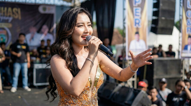 Female Dangdut Performer Singing on Open Air Stage During Daytime