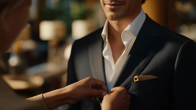 A close-up of a stylist adjusting a blazer fit on a client, emphasizing professional fashion advice, tailoring, and polished personal image. cinematic color correction, natural uneven lighting yet