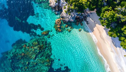 Aerial View of a Pristine Tropical Beach with Crystal Clear Turquoise Waters and Lush Green Vegetation.