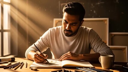 Young man draws in a bright room with pencils and coffee on a table during the afternoon