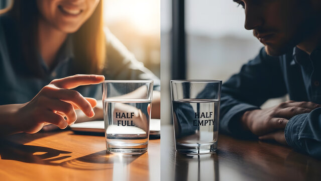 Contrasting perspectives on life The classic half-full versus half-empty glass metaphor vividly illustrates the difference between optimistic and pessimistic mindsets