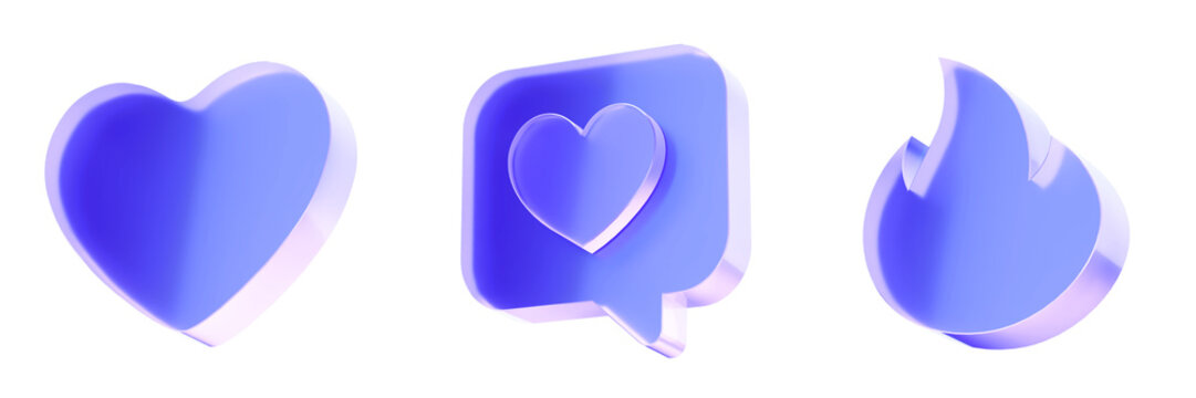 Set 3D Glass like favorite and social reaction icon isolated on transparent background, concept of love engagement feedback and user interaction. Transparent Liquid Glass icon. 3D rendering.