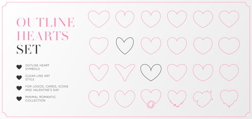 Outline heart icons set. Minimal line love symbols collection for wedding invitations, Valentine&rsquo;s Day cards, logo and UI. Editable vector