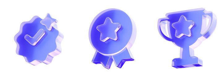 Set 3D Glass award achievement icons isolated on transparent background, concept of success, rewards, ranking, and performance recognition. Transparent Liquid Glass icon. 3D rendering.