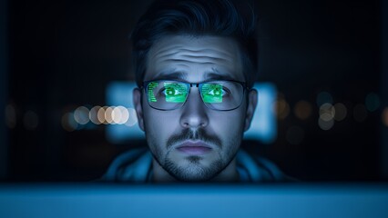 Close-up of a man's face intensely focused on a computer screen at night, green code reflecting on his glasses