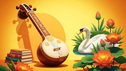 Sitar with swan and lotus flowers on yellow background