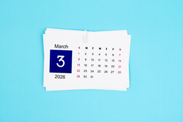 March Calendar 2026 page on blue background.