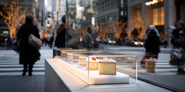 Slices of cake displayed in a transparent case on a city street, with blurred pedestrians