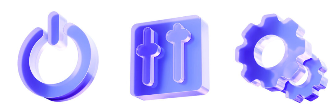 Set 3D Glass user interface icons isolated on transparent background, concept of system control communication security and digital interaction. Transparent Liquid Glass icon. 3D rendering.