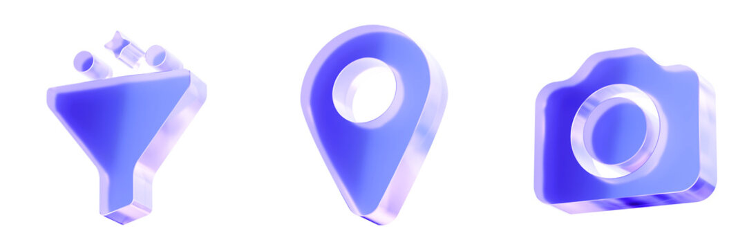 Set 3D Glass navigation location and filter icon isolated on transparent background, concept of map pin destination search and camera interface. Transparent Liquid Glass icon. 3D rendering.