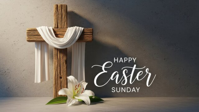 Happy easter sunday celebration with a rustic wooden cross, white lily, and draped cloth