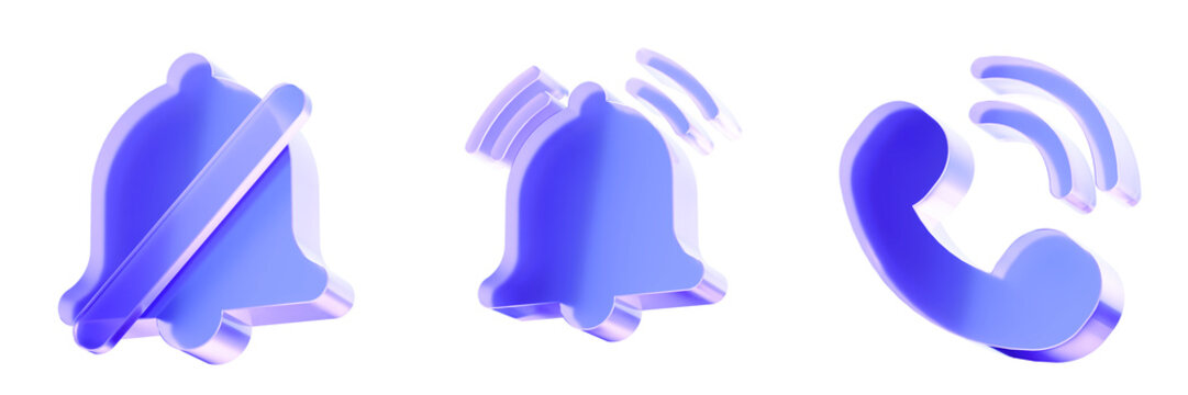 Set 3D Glass notification alert and phone call icon isolated on transparent background, concept of ringing bell mute alert and incoming call signal. Transparent Liquid Glass icon. 3D rendering.