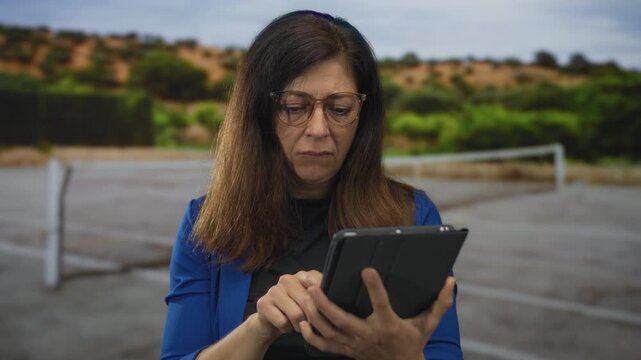 Woman middle age wearing glasses holding tablet taps touchscreen with fingers on street; concentration.