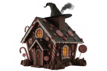 Whimsical witch hat on gingerbread house candy sweets isolated on a transparent background