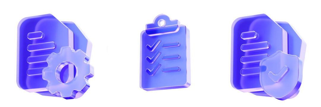 Set 3D Glass document gear clipboard icon isolated on transparent background, concept of project management and settings. Transparent Liquid Glass icon. 3D rendering.