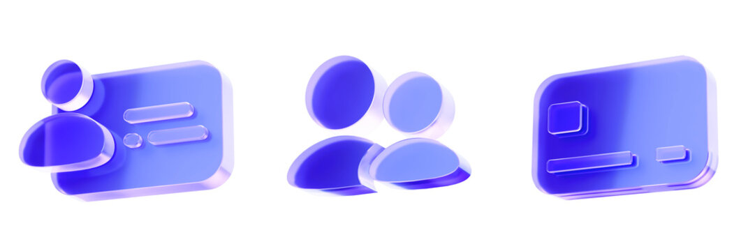Set 3D Glass user profile id credit card icon isolated on transparent background, concept of personal identity and finance payment. Transparent Liquid Glass icon. 3D rendering.