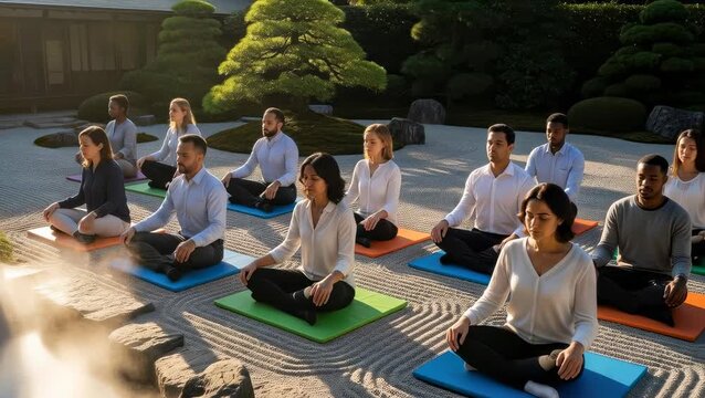 Group meditation session in natural setting with green trees and stones during the day