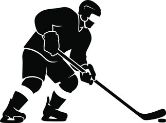 Silhouette of a determined ice hockey player preparing to stickhandle the puck while wearing full protective gear on the rink