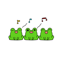 Three frogs are singing and smiling