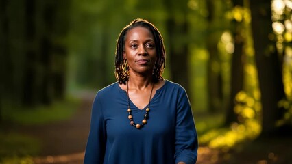 Woman walks in a forest wearing a blue top with necklaces while sunlight shines through trees near the path