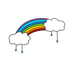 A rainbow with a cloud on the right side and raindrops falling from it