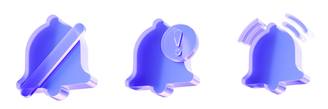 Set 3D Glass notification bell alert alarm icon isolated on transparent background, concept of reminder and mute silent mode. Transparent Liquid Glass icon. 3D rendering.