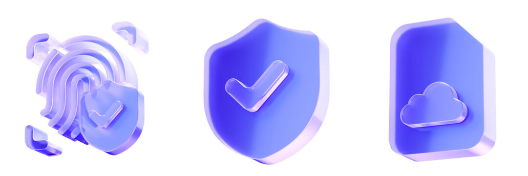 Set 3D Glass security shield fingerprint cloud icon isolated on transparent background, concept of biometric protection and safety. Transparent Liquid Glass icon. 3D rendering.