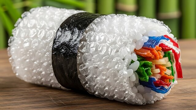 Sushi roll made of bubble wrap and colorful vegetables on a wooden surface plastic food