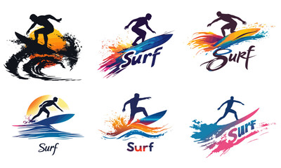 Colorful vector surf logo badges, dynamic ocean waves, surfer silhouettes, sunset and splash effects, vibrant color, perfect for t-shirt print, stickers and summer beach branding.