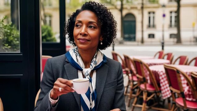 Woman enjoying coffee at a cafe in Paris while seated at an outdoor table during the morning hours