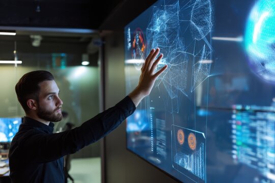 Security analyst monitoring global threat visualization on expansive transparent wall, tracing network paths, viewing live alerts and map overlays, focused posture, command center lighting, rapid