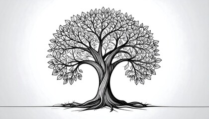 Intricate Black and White Tree of Life Illustration with Detailed Roots and Branches.