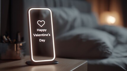 Happy Valentine's Day message displayed on a glowing phone screen in a bedroom