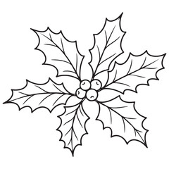 Stylized Outline Illustration of a Holly Branch with Distinctive Leaves and Berries