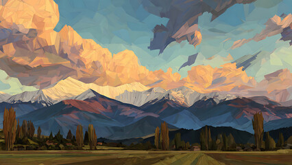 A wide landscape of a mountain range at sunset, rendered in a Cubist style with fragmented geometric planes, sharp angles, and a warm palette of terracotta, gold, and deep blue.