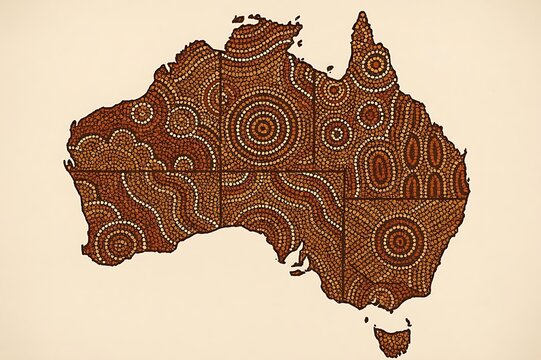 Map of Australia Featuring Traditional Aboriginal Dot Art Patterns and Earth Tones