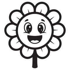 Cheerful Cartoon Flower Outline with Happy Face for Coloring