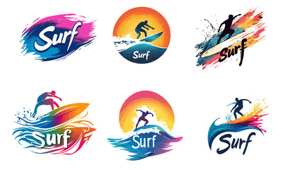Colorful vector surf logo badges, dynamic ocean waves, surfer silhouettes, sunset and splash effects, vibrant color, perfect for t-shirt print, stickers and summer beach branding.