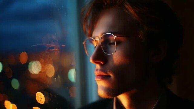 Pensive Young Man Gazing Thoughtfully Out of a Rain-Drenched Window, Illuminated by Soft Ambient City Lights, Capturing a Moment of Reflection and Contemplation Enveloped in an Evening Atmosphere